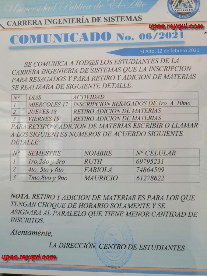 Ingeniería de Sistemas UPEA I/2021: Inscripción para Rezagados; Retiro y Adición de Materias