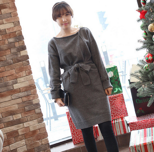 Long-sleeved Sweater Dress w/ Ribbon Belt