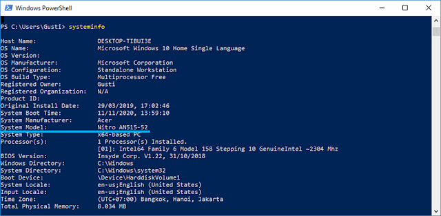 Perintah Systeminfo di Windows PowerShell