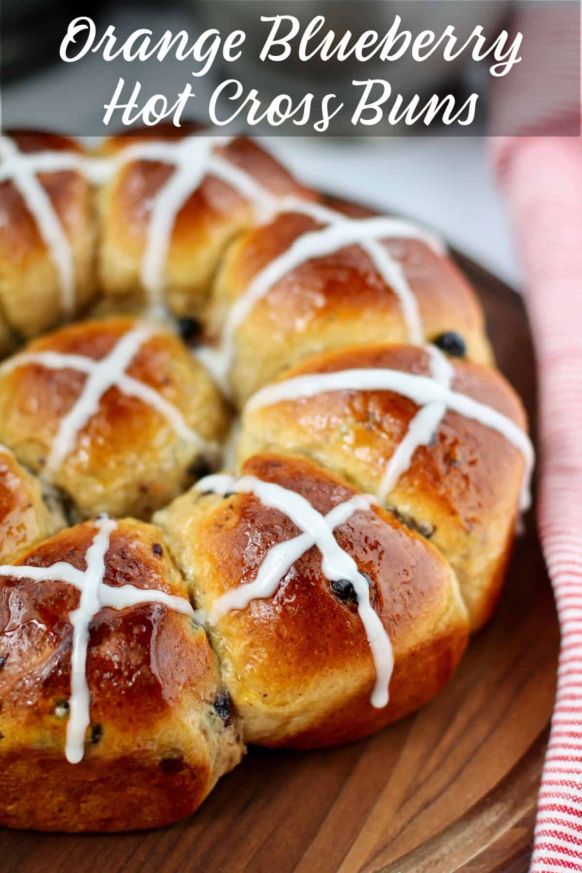 Orange Blueberry Hot Cross Buns with icing.