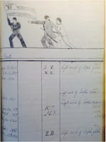 A handwritten ledger including a sketch of three men and a flag.