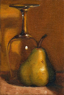 Oil painting of a green pear beside an upside-down ISO tasting glass.