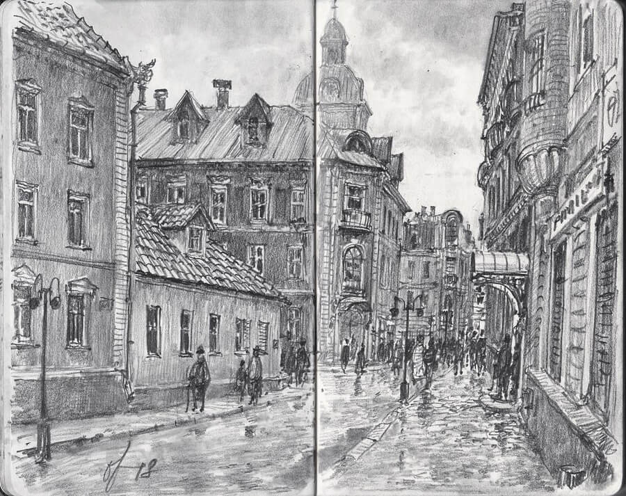 08-The-old-town-in-the-rain-Sketchbook-Drawings-Gennady-Ovcharenko-www-designstack-co
