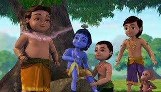 Gambar kartun krishna dan teman-temannya bermain di bawah pohon