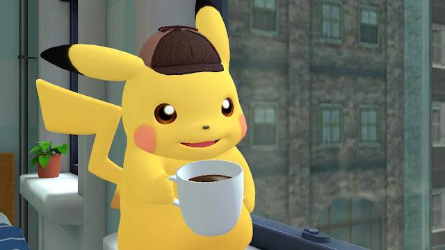 Imagem de Detective Pikachu Returns mostrando Detective Pikachu, um Pikachu com chapéu de detetive segurando uma xícara de café.