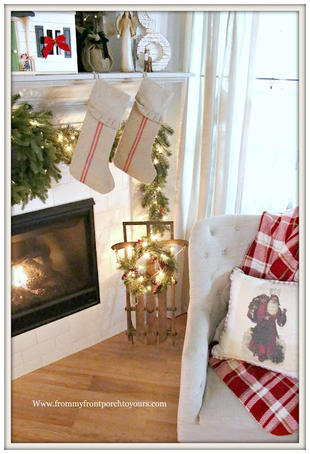 French Country Farmhouse Christmas Mantel-Vintage Sled- Wreath With Lights-From My Front Porch To Yours