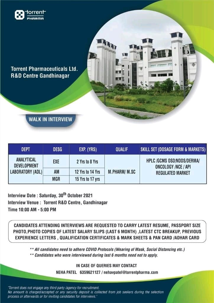 Job Availables,Torrent Pharmaceuticals Ltd Walk-In-Interviews For M.Pharm/ M.Sc