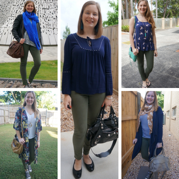5 different green and blue outfit ideas with olive jeans | awayfromblue