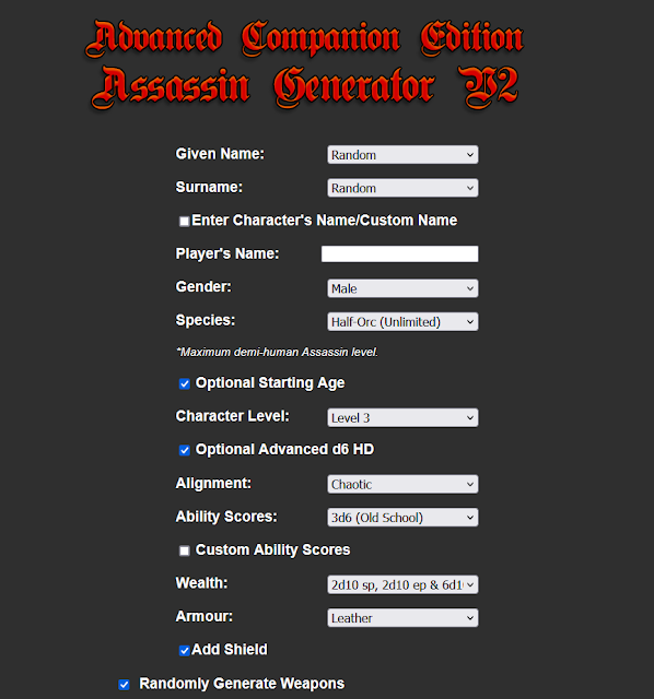 Labyrinth Lord Advanced Assassin Character Generator Version 2