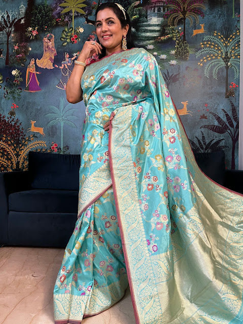Elegance in Every Thread: The Art of Ferozi Kaduwa Chautera Meenakari on Pure Katan Silk Sarees