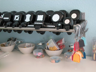 craft room, craft space, punch storage, Stampin'Up! punches, button storage, GRUNDTAL shelf, bowls, paper swaps 