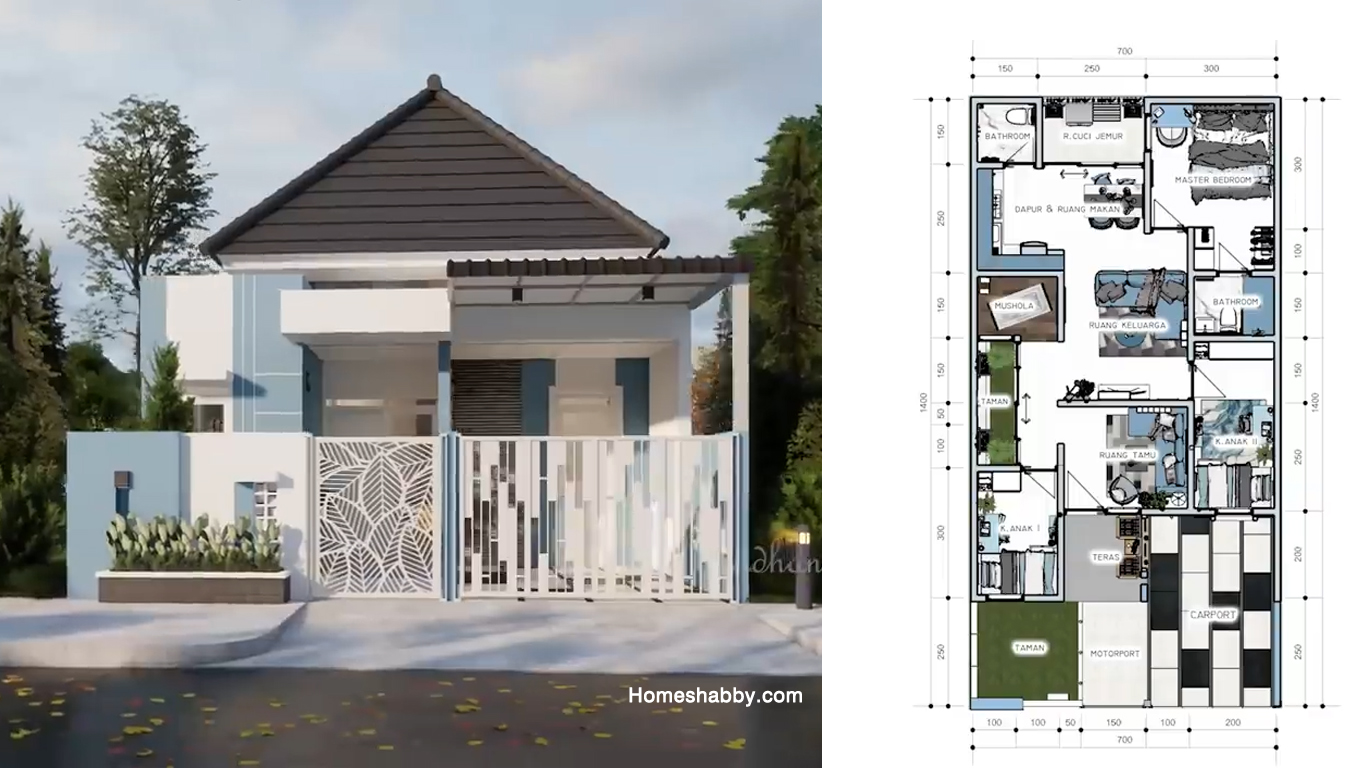 Desain Dan Denah Rumah Atap Perisai Ukuran Bangunan 7 X 14 M Bernuansa Biru Putih Cocok Untuk Iklim Tropis Homeshabbycom Design Home Plans