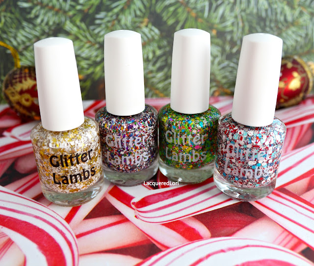 Angel Cookies, Rudolph's Snowglobe, Rockin Around The Christmas Tree, Peppermint Blizzard- Glitter Lambs Christmas Nail Polishes by Lacquered Lori