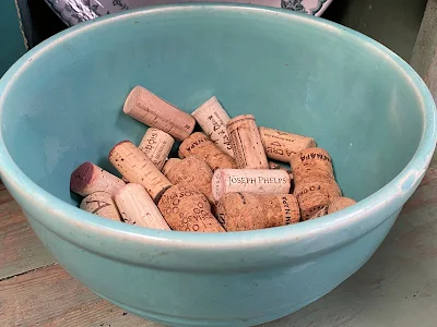 wine corks in blue bowl at Antiques on Second in Napa, California