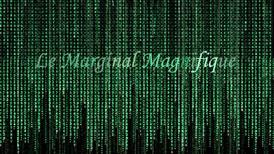 Cette image est issue de l'univers du film de science-fiction culte "Matrix" réalise en 1999 par les freres Larry et andy Wachowski, dont les synopsis est le suivant : Thomas A. Anderson, un jeune informaticien connu dans le monde du hacking sous le pseudonyme de Neo est contacte via son ordinateur par ce qu’il pense etre un groupe de hackers informatiques. Ils lui font decouvrir que le monde dans lequel il vit n’est qu’un monde virtuel dans lequel les etres humains sont gardes sous contrôle par des machines qui se servent des humains comme sources d'energie, telles de vulgaires piles. Morpheus, le capitaine du Nebuchadnezzar, contacte Neo et pense que celui-ci est l’Elu qui peut liberer les etres humains du joug des machines et prendre le controle de la matrice en percevant le code qui la regit et en le manipulant. L'image utilisée par Le Marginal Magnifique pour illustrer son poeme "Matrice" represente les lignes de ce code telles qu'elle apparaissent dans le film, c'est a dire, des successions verticakes de lettres aux differentes nuances de vert sur fond noir. Dans son poeme Le Marginal Magnifique explique qu'il est different des autres ecrivains celebres qui passent a la tele car lui a subi de reelle souffrances, il connait l'existence et la société et peut en percevoir le fonctionnement comme Neo le fait de la Matrice.