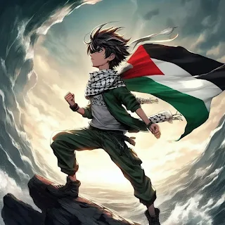 Gambar Anime Kartun Pemuda Membawa Bendera Palestina di Ujung Tebing Yang Tinggi Deang Latar Belakang Awan dan Langit Yang Cerah