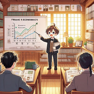 Un bimbo insegna Economia a degli studenti, disegno stile manga