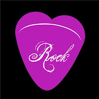 Fondo negro, Corazón/Púa color púrpura y en letras blancas la palabra Rock.