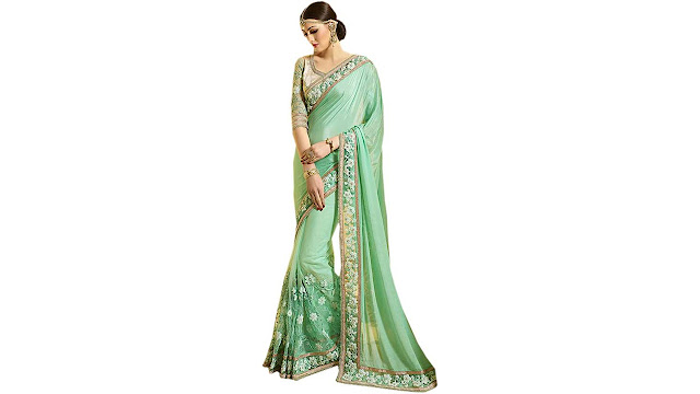 Odhni Embroidered Bollywood Chiffon, Net Saree  (Green)