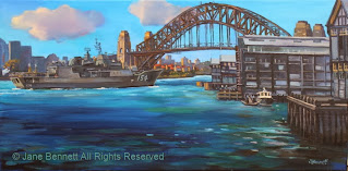plein air oil painting by artist Jane Bennett of  HMAS Parramatta departing under the Sydney Harbour Bridge during International Fleet Review