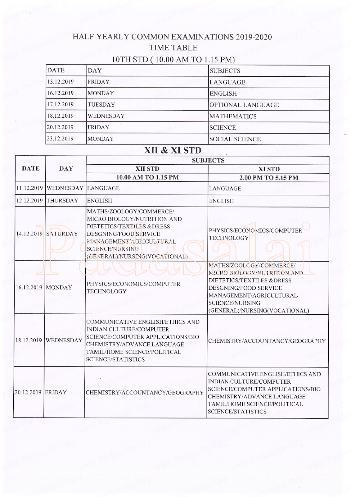 Half Yearly Exam Time Table For 10th 11th 12th Standards Term