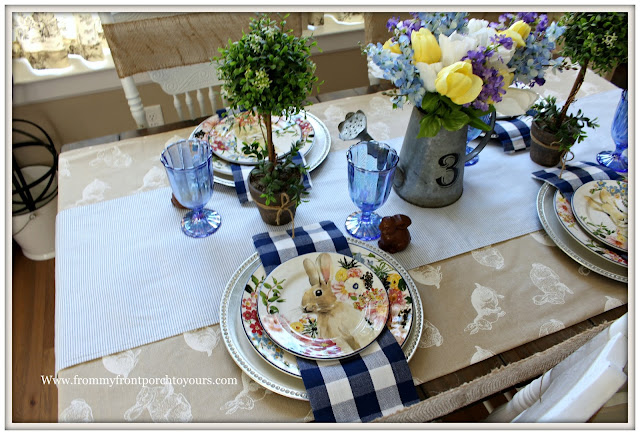 Spring-Easter-Tablescape-Cottage-Farmhouse-Pottery Barn- Flora-Dinnerware-Pioneer Woman-Buffalo Check-Blue and White-From My Front Porch To Yours