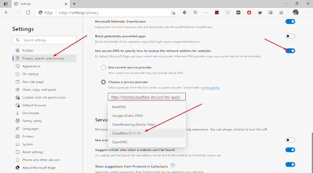 mengaktifkan dns cloudflare di microsoft edge