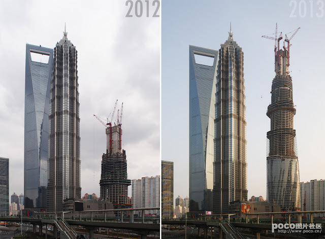 Two pictures of the Shanghai Tower under construction, 2012 and 2013