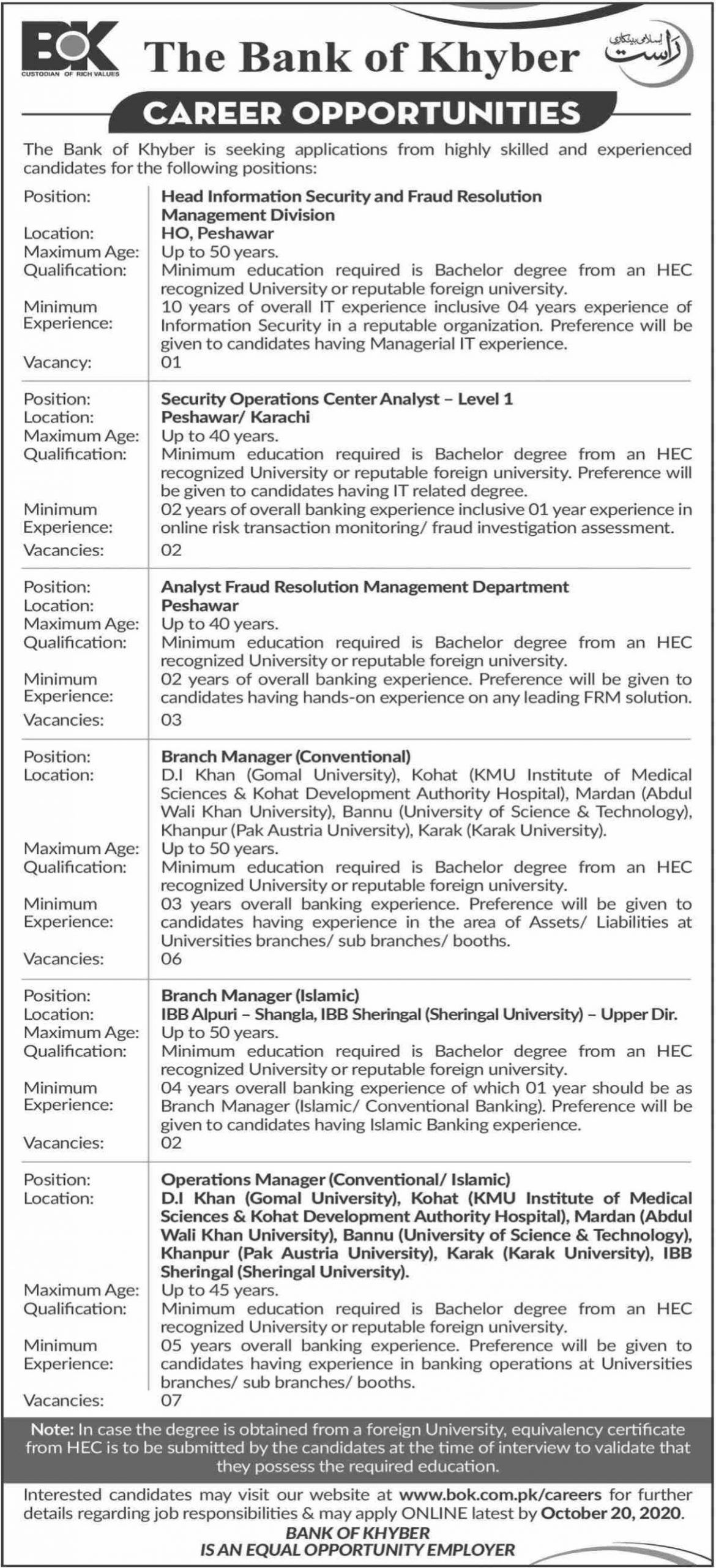 The Bank of Khyber BOK Jobs October 2020