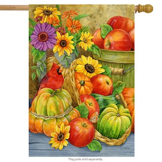 Fall house flag with sunflowers pumpkins and bird