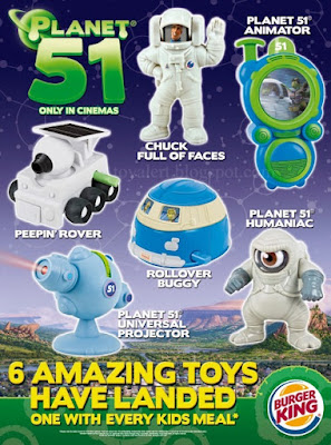 Burger King Planet 51 toys 2009 - set of 6 toys - Rollover Buggy, Chuck Full of Faces, Planet 51 Animator, Planet 51 Humaniac, Planet 51 Universal Projector and Peeping Rover