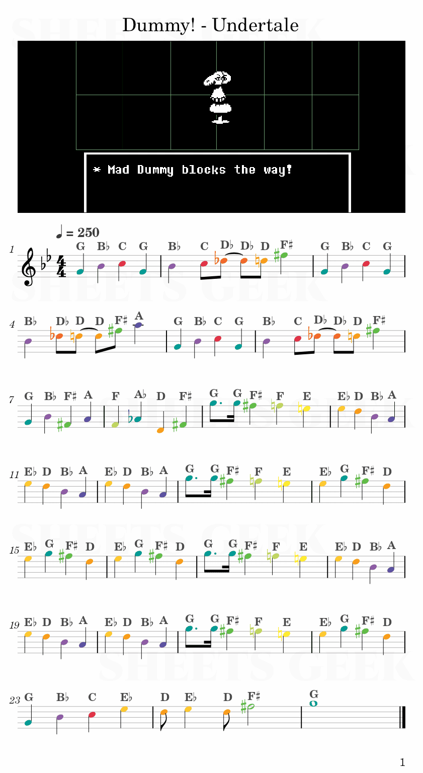 Dummy! - Undertale Easy Sheet Music Free for piano, keyboard, flute, violin, sax, cello page 1