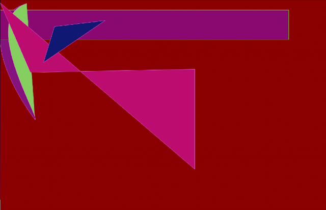 A series of pink, green and blue abstract shapes on a dark red background