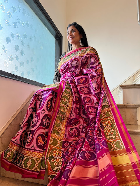 Pink semi patola saree with tissue border