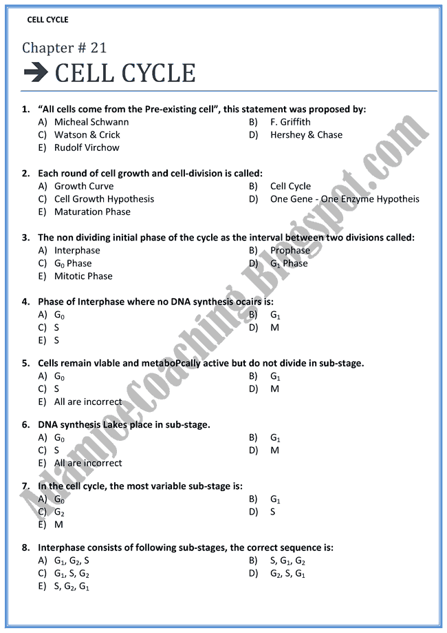 Biology Mcqs XII - Cell Cycle - Mcqs