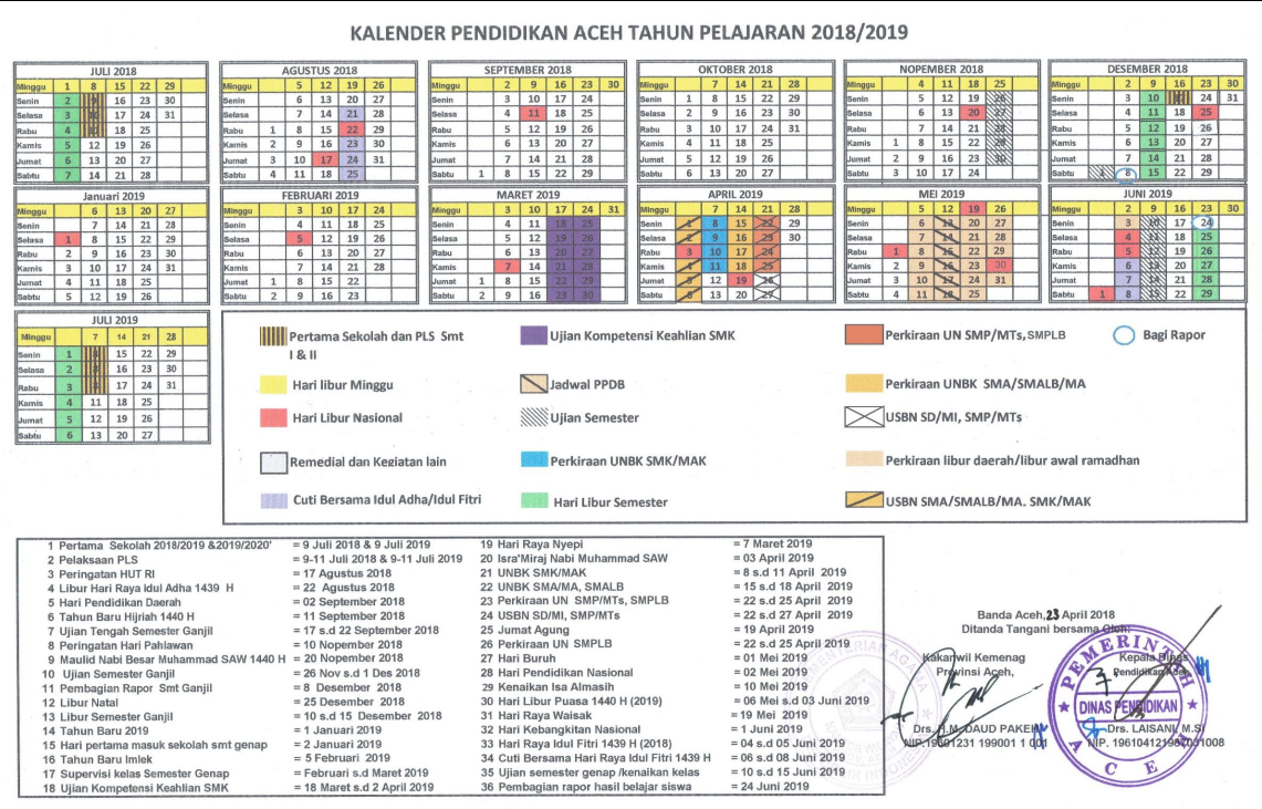 Kalender Pendidikan TK SD/MI SMP/MTs SMA/MA SMK SLB Provinsi Aceh 2018/2019