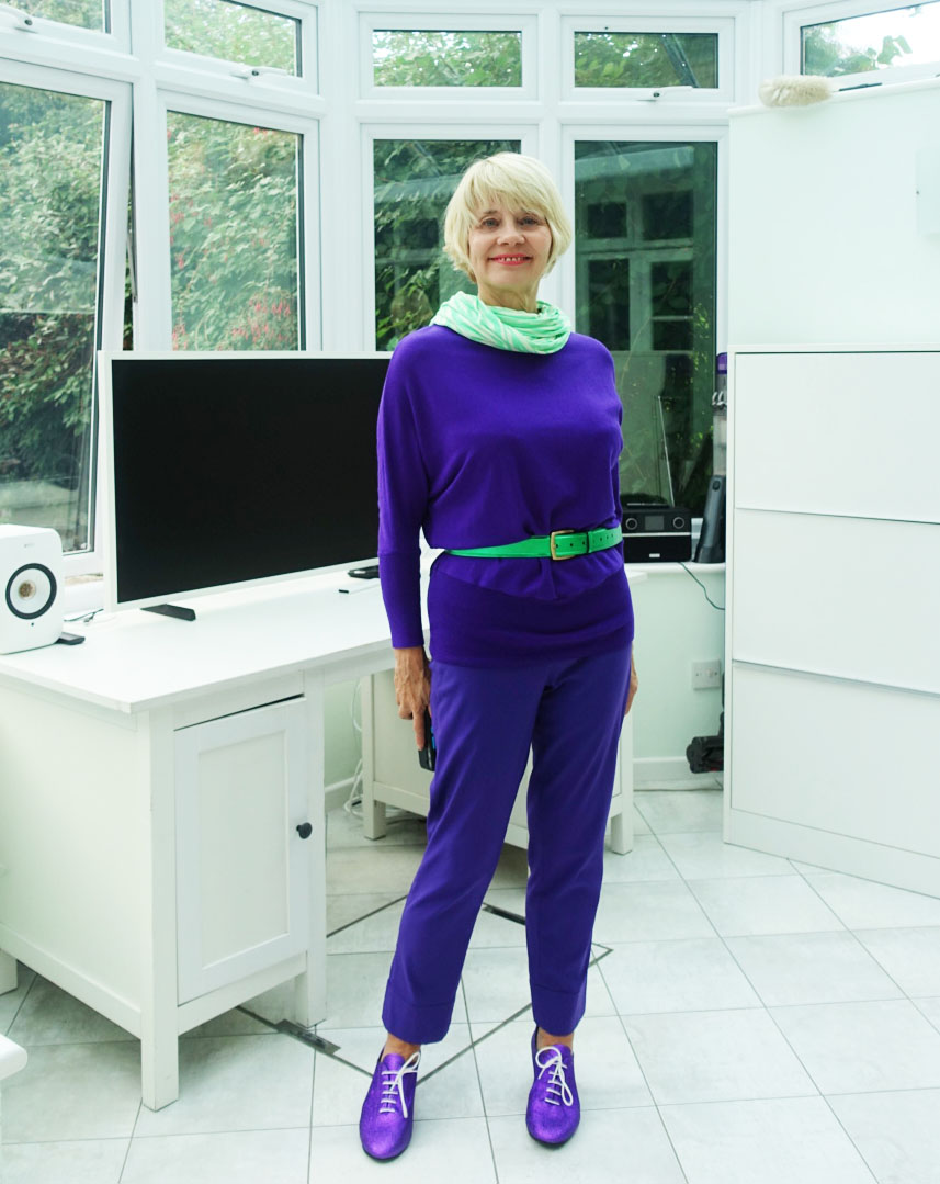 Purple looks wonderful with a light green and sparkly brogue shoes, as shown by over 60 style blogger Gail Hanlon from Is This Mutton