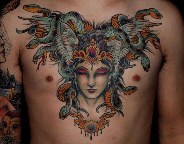 Awesome-Medusa-Colourful-Chest-Tattoo