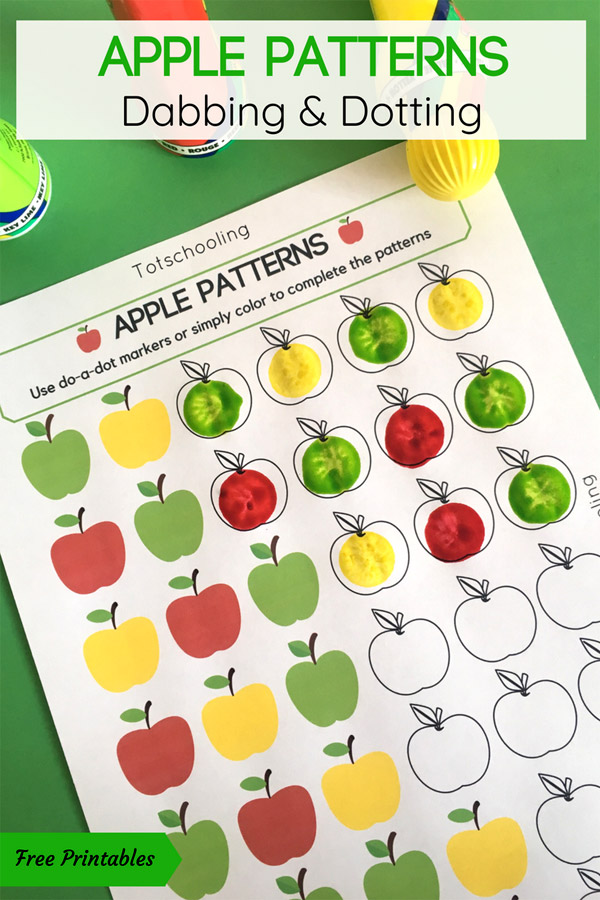 FREE printable Apple themed coloring activity for preschool and kindergarten kids. Use dot markers or any kind of coloring utensils to complete the apple patterns! Great math activity for Back to School or Fall!