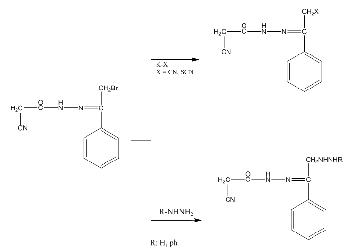 6- تتفاعل الهيدرازونات المحتوية على مجموعة هاليد مع العوامل التالية: (KCN, . NH2NH2 or Ph- NHNH2 , KSCN التحضير مركبات جديدة وعلى التوالي