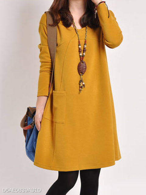 Round Neck Patch Pocket Plain Shift Dress