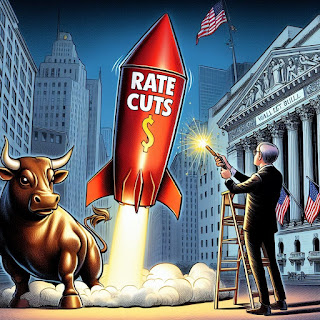 An editorial cartoon of a Federal Reserve official lighting a rocket with 'RATE CUTS' written on it and the Wall Street bull in the background.