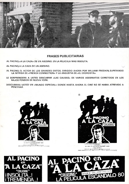 A LA CAZA. Guía publicitaria, página trasera: 21 x 31 cms. España. A LA CAZA. Cruising. 1980. Estados Unidos. Dirección: William Friedkin. Reparto: Al Pacino, Paul Sorvino, Karen Allen, Richard Cox, Joe Spinell, Don Scardino, Powers Boothe, James Remar, Ed O'Neill, Jay Acovone, Randy Jurgenson, Barton Heyman, Gene Davis, Arnaldo Santana, Larry Atlas, Allan Miller, Sonny Grosso, Michael Aronin, William Russ, Mike Starr, Steve Inwood, Keith Prentice, Leo Burmester, James Sutorius, Richard Jamieson, Jimmie Ray Weeks, James Hayden, Robert Osth, Henry Judd Baker, Burr DeBenning, Ray Vitte, Bob Duggan, Dan Sturkie, Linda Gary.