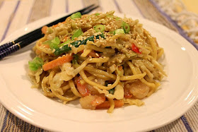 Food Lust People Love: Chinese egg noodles with shrimp and crispy vegetables make a tasty, nutritious meal when tossed with savory peanut sauce. Great room temperature or cold.