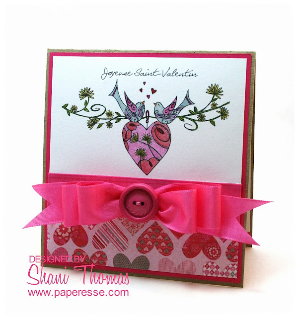 French sentiment Valentine's Day card with LC Designs Heart Birds digital stamp, design by Paperesse.