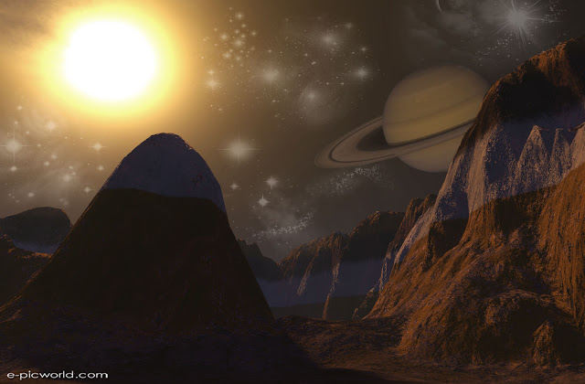 3d mountains with planets wallpaper