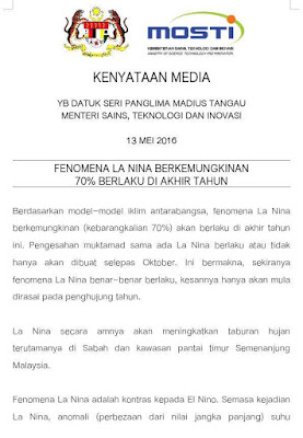 Selepas El nino, La nina dan jerebu pula dijangaka bakal menyusul