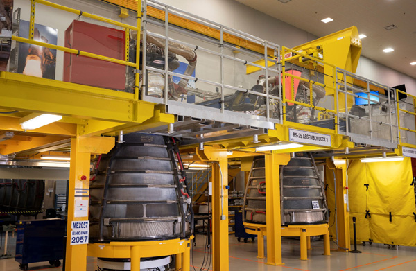 Two of the four RS-25 engines that will fly on the Space Launch System rocket for NASA's Artemis 3 mission.