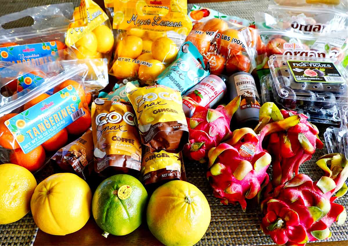 Array of fruit on a table.