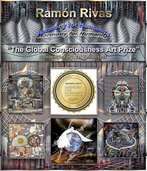 Insignia acreditativa del Premio de Arte Armonía para la Humanidad: LA CONCIENCIA GLOBAL, otorgado a Ramón Rivas junto a parte de sus obras